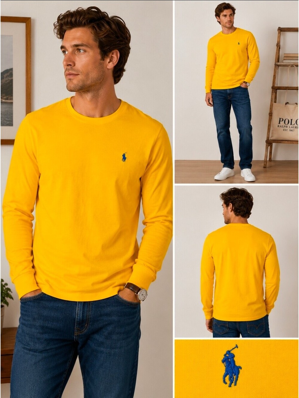 Polo Ralph Lauren Men’s Large Yellow Long Sleeve Shirt Blue Pony NWT